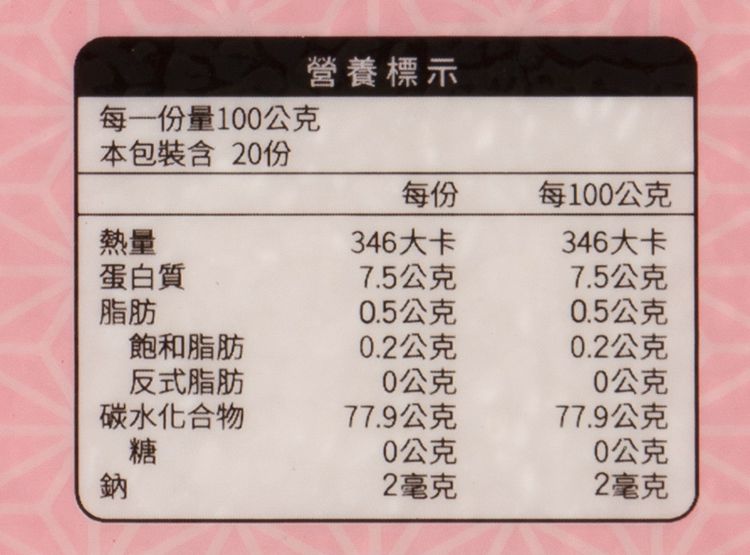 每一份量100公克營養標示本包裝含20份每份每100公克熱量346大卡346大卡蛋白質7.5公克7.5公克脂肪0.5公克0.5公克飽和脂肪0.2公克0.2公克反式脂肪0公克0公克碳水化合物77.9公克77.9公克糖0公克0公克鈉2毫克2毫克