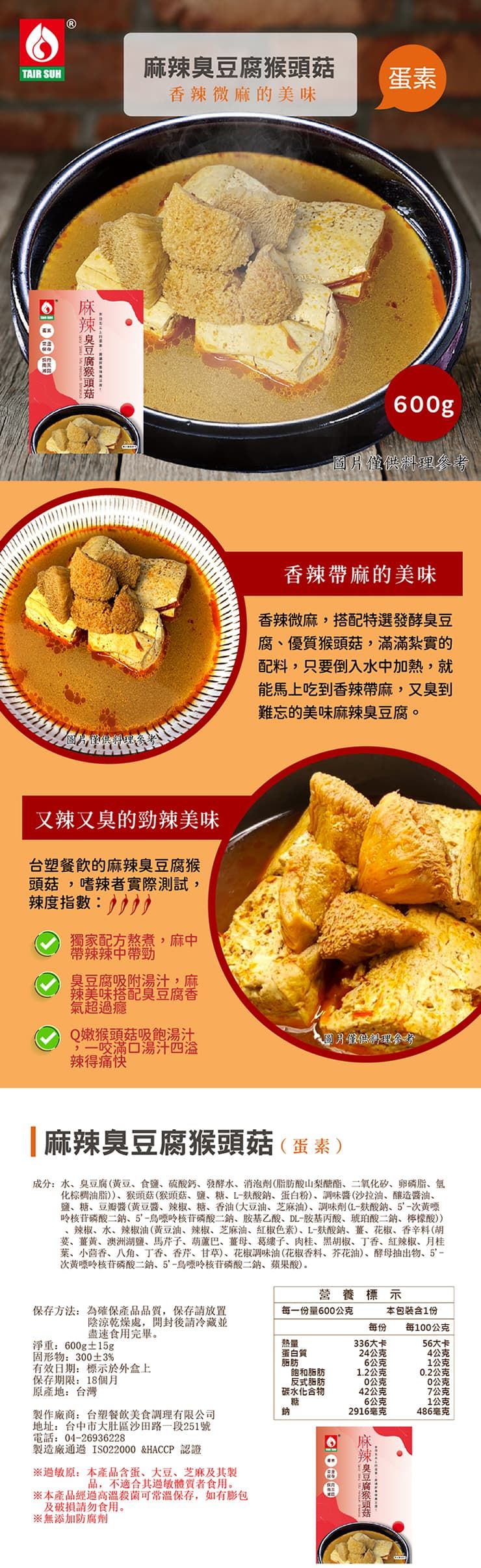 TAIR SUH菇蛋素香辣微麻的美味臭豆腐猴頭600g僅參考香辣帶麻的美味香辣微麻搭配特選發酵臭豆腐優質,滿滿紮實的配料,只要倒入水中加熱,就能馬上吃到香辣帶麻,又臭到難忘的美味麻辣臭豆腐又辣又臭的勁辣美味台塑餐飲的麻辣臭豆腐猴頭菇,嗜辣者實際測試,辣度指數獨家配方熬煮,麻中帶辣辣中帶勁臭豆腐吸附湯汁,麻辣美味搭配臭豆腐香氣超過癮Q猴頭菇吸飽湯汁圖片供料理參考,一咬滿口湯汁辣得痛快| 麻辣臭豆腐猴頭菇(蛋素)成分:水臭豆腐(食鹽硫酸鈣發酵水消泡劑(脂肪酸酯、二氧化矽、卵磷脂、氫化棕櫚油脂))、猴頭菇(猴頭菇、鹽、糖、酸鈉、蛋白粉)、(沙拉油、釀造醬油、鹽、糖、豆瓣醬(黄豆酱、辣椒、糖、香油(大豆油、芝麻油)、調味劑(L-酸鈉、次呤核苷磷酸二鈉、核苷磷酸二鈉、乙酸、DL-胺基丙酸、琥珀酸二鈉、檸檬酸))、辣椒、水、辣椒油(黄豆油、辣椒、芝麻油、紅椒色素)、L-酸鈉、、花椒、香辛料(胡荽、、澳洲湖鹽、馬芹子、葫蘆巴、母、葛縷子、肉桂、黑胡椒、丁香、紅辣椒、葉、小茴香、八角、丁香、香芹、甘草)、花椒調味油(花椒香料、芥花油)、酵母抽出物、5-次黃嘌呤核苷磷酸二鈉、5-核苷磷酸二鈉、蘋果酸)。營養標示保存方法:為確保產品,保存每一份量600公克本包裝含1份陰涼乾燥處,開封後請冷藏並盡速食用完畢。每份每100公克淨重:600g±15g固形物:300±3%熱量蛋白質脂肪336大卡56大卡24公克4公克6公克1公克有效日期:標示於外盒上保存期限:18個月飽和脂肪反式脂肪1.2公克0.2公克0公克公克原產地:台灣碳水化合物糖42公克7公克6公克1公克製作廠商:台塑餐飲美食調理有限公司鈉2916毫克486毫克地址:台中市大肚區沙田路一段251號電話: 04-26936228製造廠通過ISO22000 &HACCP認證原:本產品含蛋、大豆、芝麻及其製品,不適合其過敏體質者食用。※本產品經過高溫殺菌可常溫保存,如有包及破損請勿食用。※無添加防腐劑麻辣臭豆腐猴頭菇