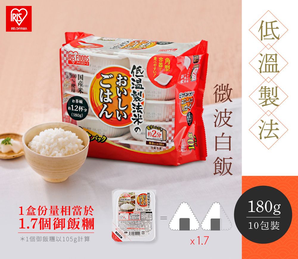 OHYAMAIRIS FOODS100容器食べやすい!.30 低温米のごはんお茶碗1.杯 (18.0518.05.3013:57 B1盒份量相當於1.7個御飯糰*1個御飯糰以105g計算おいしい2分熱湯分冷藏低製法180g )180g10包裝x1.7