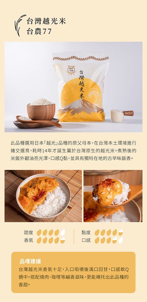 台農77台灣越光米此品種選用日本越光品種的原父母本,在台灣本土環境進行雜交選育,耗時14年才誕生屬於台灣原生的越光米煮熟後的米飯外觀油亮光澤,口感Q黏,並具有獨特在地的古早味飯香。甜度黏度香氣口感品嚐建議台灣越光米香氣十足,入口咀嚼後滿口回甘,口感軟Q適中。搭配燒肉、咖哩等鹹香滋味,更能襯托出此品種的香甜。