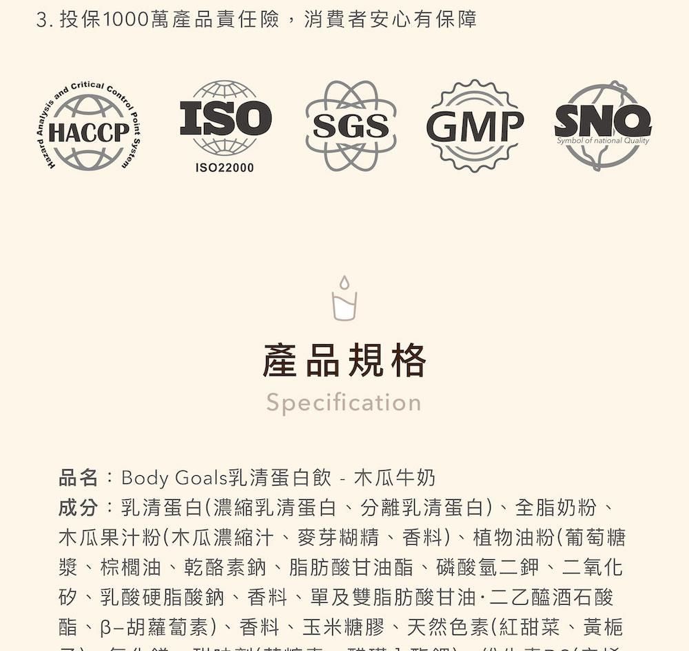 3 投保1000萬產品責任險,消費者安心有保障CriticalControl  HACCP Hazard.SystemISOSGS GMP Symbol of national QualityISO22000產品規格Specification品名:Body Goals乳清蛋白飲  木瓜牛奶-成分:乳清蛋白(濃縮乳清蛋白、分離乳清蛋白)、全脂奶粉、木瓜果汁粉(木瓜濃縮汁、麥芽糊精、香料)、植物油粉(葡萄糖漿、棕櫚油、乾酪素鈉、脂肪酸甘油酯、磷酸氫二鉀、二氧化矽、乳酸硬脂酸鈉、香料、單及雙脂肪酸甘油·二乙醯酒石酸酯、胡蘿蔔素)、香料、玉米糖膠、天然色素(紅甜菜、黃梔