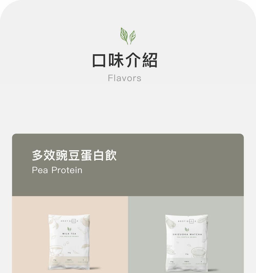 口味介紹Flavors多效豌豆蛋白飲Pea Protein MILK TEA  100  SHIZUOKA MATCHA  100%