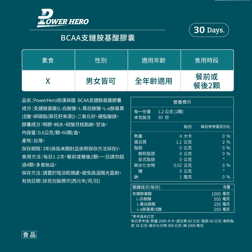 PowerHero 勁漢英雄 BCAA支鏈胺基酸x5盒 (60顆/盒)