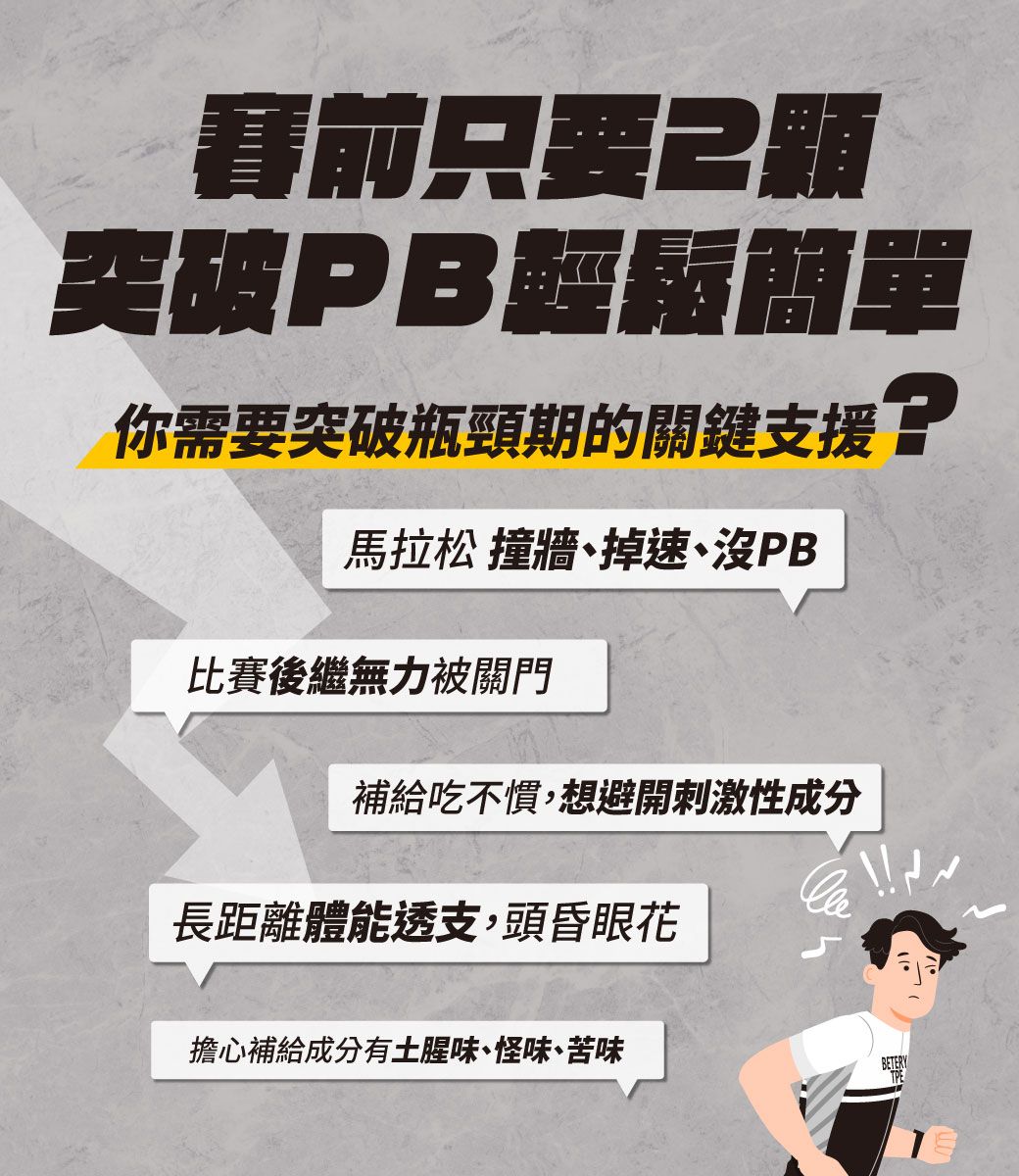 賽前突破PB輕鬆簡單你需要突破瓶頸期的關鍵支援 ?馬拉松 撞牆掉速PB比賽後繼無力被關門補給吃不慣,想避開刺激性成分長距離體能透支,頭昏眼花擔心補給成分有土腥味、怪味、苦味