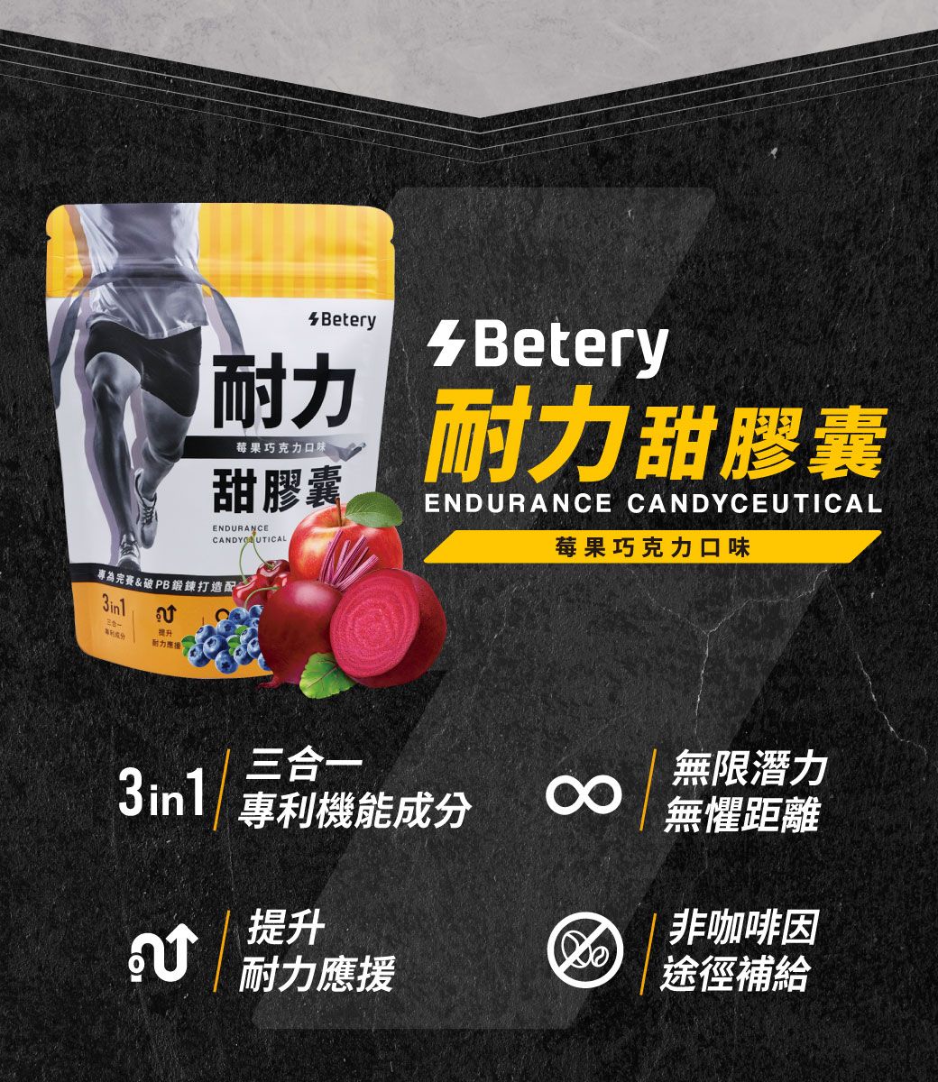 BeteryBetery 耐力甜膠囊莓果巧克力口味甜膠囊ENDURANCE UTICALENDURANCE CANDYCEUTICAL莓果巧克力口味專為完賽&破PB鍛鍊打造配提升耐力三合一3in1無限潛力專利機能成分無懼距離提升非咖啡因耐力應援途徑補給