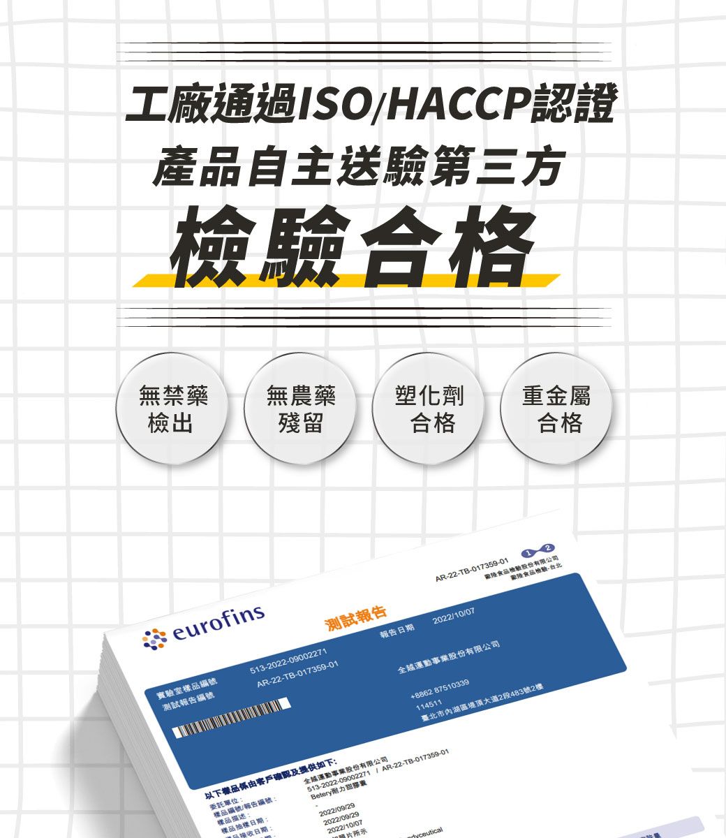 工廠通過ISOHACCP認證產自主送驗第三方合格無禁藥無農藥塑化劑重金屬檢出殘留合格合格eurofinsAR22TB-017359-01食品檢驗股份有限公司歐陸食品檢驗-測試報告實驗室樣品編號測試報告編號513-2022-09002271AR-22-TB-017359-01報告日期2022/10/07全運動事業股份有限公司+8862 87510339114511臺北市內湖區堤頂大道2段483號2樓以下由客戶確認及提供如下:委託單位:樣品編號/報告編號:樣品描述:全越運動事業股份有限公司513-2022-09002271 / AR-22-TB-017359-01Betery力甜樣品抽樣日期品接收日期:2022/09/292022/09/292022/10/07示