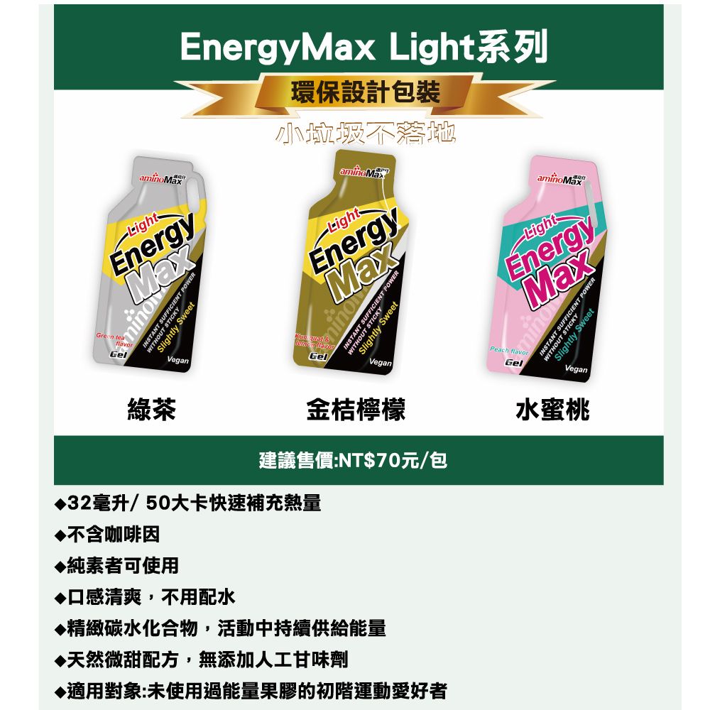 EnergyMax Light系列環保設計包裝不落aminoMaxLightEnergyMaxFFICIENT POWERUFFICIE SweGreVeganLightEnergyMaxFFICIENT POWERSUFFICIETICKYSweet   GelVeganaminoMaxLightEnergyMaxINSTANT SUFFICIENT POWER STICKYWITHOUPeach flavorGelVegan綠茶金桔檸檬建議售價:NT$70元/包32毫升/50大卡快速補充熱量水蜜桃不含咖啡因純素者可使用口感清爽,不用配水♦精緻碳水化合物,活動中持續供給能量♦天然微甜配方,無添加人工甘味劑♦適用對象:未使用過能量果膠的初階運動愛好者