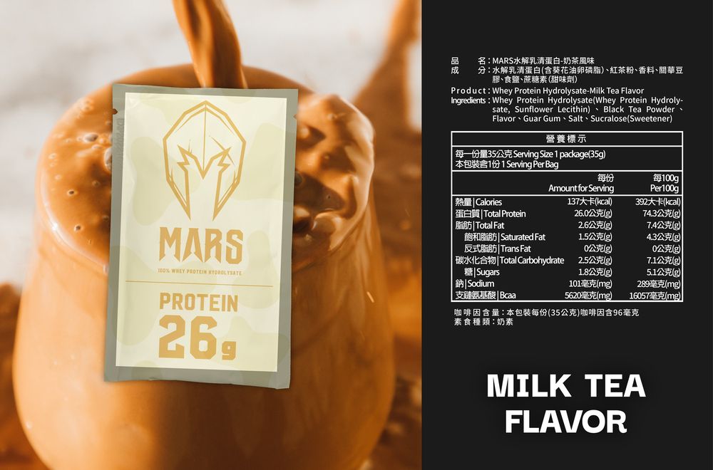 MARS% WHEY PROTEIN PROTEIN26名MARS水解乳清蛋白-奶茶風味分水解乳清蛋白葵花油卵磷脂、紅茶粉、香料、關華豆膠、食鹽、蔗糖素(甜味劑Product Whey Protein Hydrolysate-Milk Tea FlavorIngredients Whey Protein Hydrolysate (Whey Protein Hydroly-sate, Sunflower Lecithin、Black Tea Powder、Flavor、Guar Gum、Salt、Sucralose(Sweetener營養標示每一份量35公克 Serving Size 1 padkage(35g本包裝含1份 1 Serving Per Bag每份每1gpAmount for ServingPer 100g熱量 Calories137大卡(kcal392大卡(kcal蛋白質Total Protein26.0公克(g7公克(g脂肪 Total Fat2.6公克(g)7.4公克(g) 飽和脂肪 Saturated Fat1.5公克(g)4.3公克(g)|反式脂肪| Trans Fat0公克(g)0公克(g) || 碳水化合物 | Total Carbohydrate2.5公克(g)7.1公克(g)糖|Sugars公克(g)5.1公克(g)鈉|Sodium101毫克(mg)289毫克(mg)|| 支鏈氨基酸 | 5620毫克(mg)16057毫克(mg)咖啡因含量:本包装每份(35公克)咖啡因含96毫克素食種類:奶素MILK TEAFLAVOR