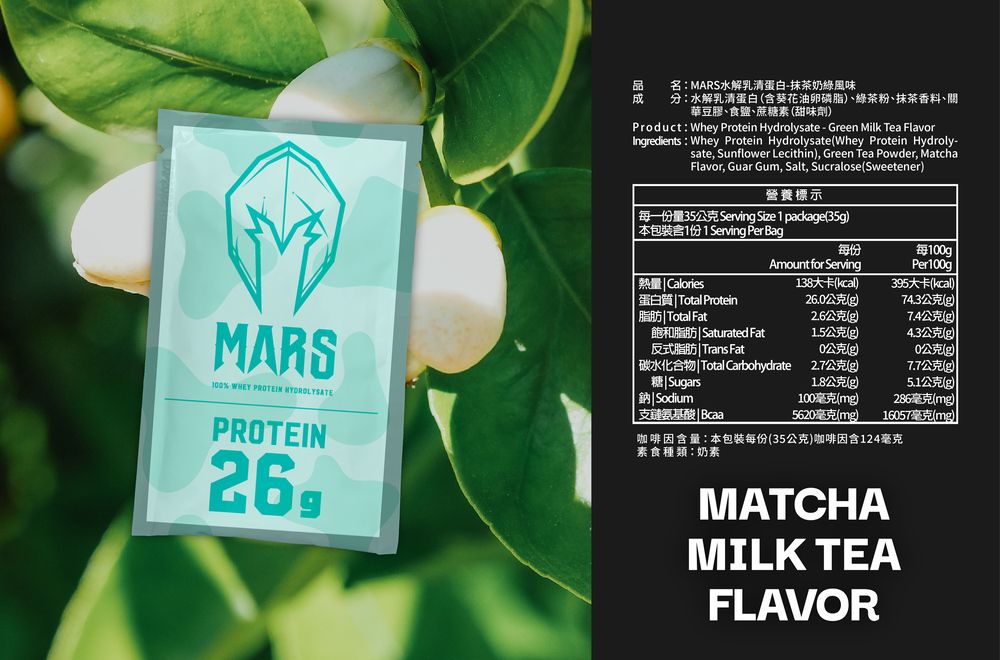 MARS1% WHEY PROTEIN PROTEIN26名MARS水解乳清蛋白抹茶奶綠風味分水解乳清蛋白葵花油卵磷脂、綠茶粉、抹茶香料、關華豆膠、食鹽、蔗糖素甜味劑Product Whey Protein Hydrolysate - Green Milk Tea FlavorIngredients: Whey Protein Hydrolysate (Whey Protein Hydroly-sate, Sunflower Lecithin, Green Tea Powder, MatchaFlavor, Guar Gum, Salt, Sucralose(Sweetener營養標示 Size 1 package(35g本包裝含1份 1 Serving Per Bag每100gpAmount for ServingPer 100g熱量 Calories(kcal395(kcal蛋白質Total Protein26.0公克(g7公克(g脂肪 Total Fat2.6公克(g)7.4公克(g) 飽和脂肪 Saturated Fat反式脂肪 Trans Fat1.5公克(g)4.3公克(g)0公克(g)0公克(g) | Carbohydrate)7.7公克(g)Sugars公克(g)5.1公克(g)鈉|Sodium100毫克(mg)286毫克(mg)||支鏈氨基酸|Bcaa5620毫克(mg)16057毫克(mg)咖啡因含量:本包装每份(35公克)咖啡因含124毫克素食種類:奶素MATCHAMILK TEAFLAVOR