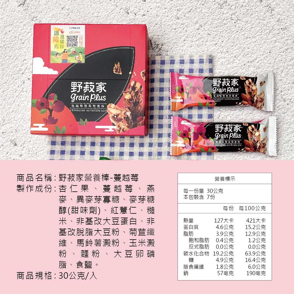 光你野家 Plus堅果憋CRANBERRY  BAR野家 Plus NUTRION 野菽家® Plus IT  商品名稱:野菽家營養棒-蔓越莓製作成份: 杏仁果、蔓越莓、燕麥、異麥芽寡糖、麥芽糖醇(甜味劑)、紅薏仁、糙米、非基改大豆蛋白、非基改脫脂大豆粉、菊苣纖維、馬鈴薯澱粉、玉米澱粉 麵粉、大豆卵磷脂、食鹽。營養標示每一份量 30公克本包裝含 7份每份 每100公克熱量蛋白質脂肪127大卡421大卡4.6公克15.2公克3.9公克12.9公克飽和脂肪0.4公克1.2公克反式脂肪0.0公克0.0公克碳水化合物糖19.2公克63.9公克4.9公克16.4公克膳食纖維1.8公克6.0公克商品規格:30公克/入鈉57毫克190毫克