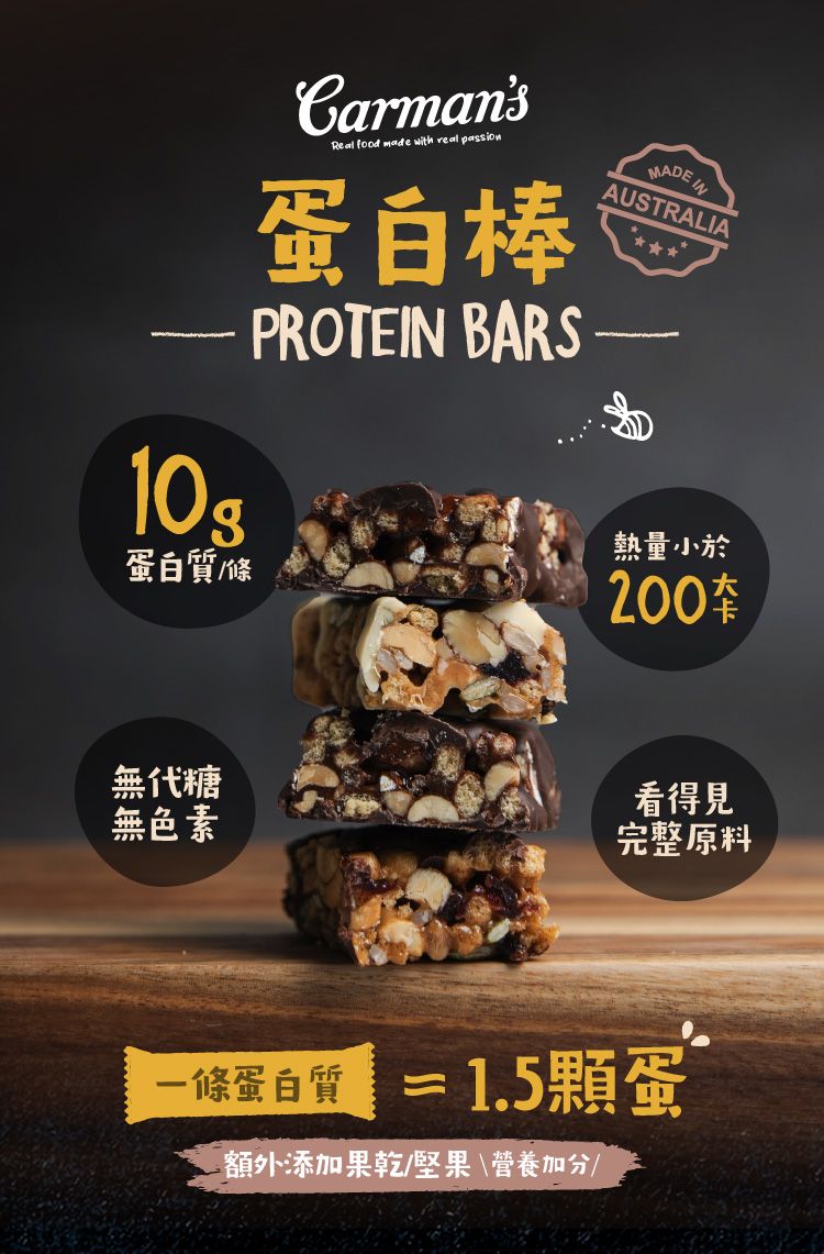 CarmansReal food made with real passion蛋白棒10PROTEIN BARS條MADE INAUSTRALIA熱量小於200套無代糖無色素看得見完整原料一條蛋白質 = 1.5顆蛋額外添加果乾/堅果\營養加分/