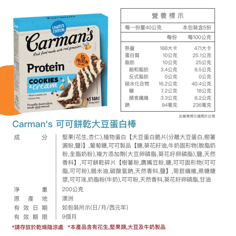 營養標示LIMITEDCarmansReal food   real passionProteinCOOKIES CreamPROTEIN每一份量4公克本包裝含5份每份每100公克熱量188大卡471大卡10蛋白質10公克25.1公克脂肪10公克25公克飽和脂肪3.4公克8.5公克反式脂肪0公克0公克碳水化合物16.2公克40.4公克糖7.2公克18公克   free BARS膳食纖維3.3公克8.2公克Proudly Australian NETmade and owned鈉94毫克236毫克此營養標示適用於台灣Carmans 可可餅乾大豆蛋白棒成 堅果(花生,杏仁),植物蛋白【大豆蛋白脆片(分離大豆蛋白,樹薯澱粉,鹽)】,葡萄糖,可可製品【糖,葵花籽油,牛奶固形物(脫脂奶粉,全脂奶粉),複方添加劑(大豆卵磷脂,葵花籽卵磷脂),鹽,天然香料】,可可餅乾碎片【樹薯粉,鷹嘴豆粉,糖,可可固形物(可可脂,可可粉),糙米油,碳酸氫鈉,天然香料,鹽】,菊苣纖維,蔗糖糖漿,可可液,奶脂粉(牛奶),可可粉,天然香料,葵花籽卵磷脂,甘油200公克重原產地澳洲有效日期如包裝所示(日/月/西元年)有效期限 9個月*請存放於乾燥陰涼處 *本產品含有花生,堅果類,大豆及牛奶製品