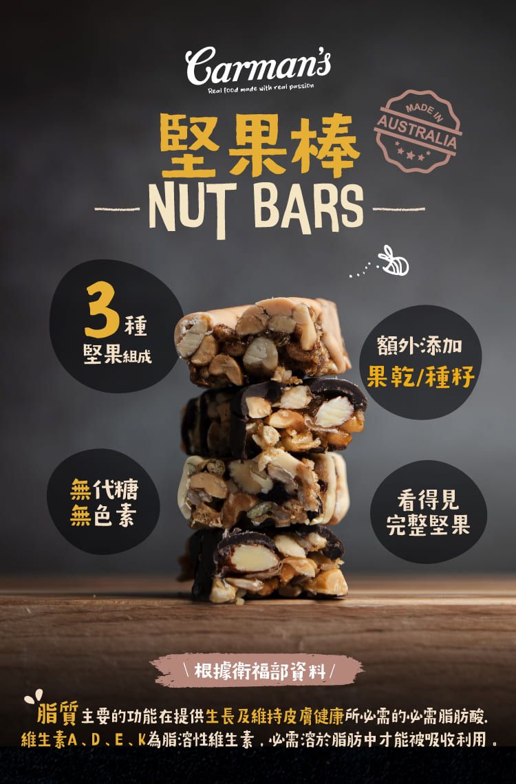 CarmansReal food made with real 堅果棒NUT BARS種堅果組成MADE INAUSTRALIA額外添加果乾/種籽無代糖看得見無色素完整堅果根據衛福部資料/脂質主要的功能在提供生長及維持皮膚健康所必需的必需脂肪酸.維生素ADE、為脂溶性維生素,必需溶於脂肪中才能被吸收利用。