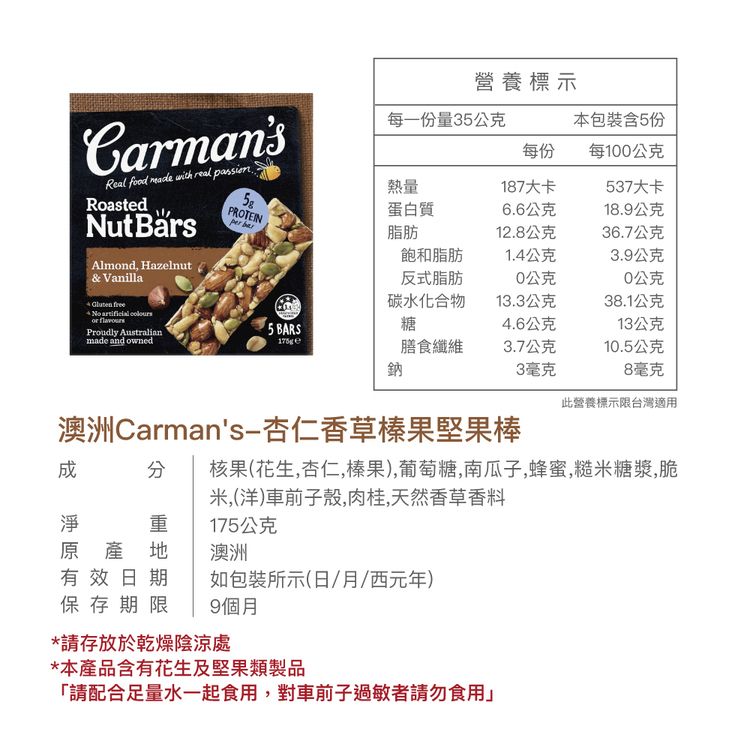 營養標示CarmansReal    real RoastedNut Almond, Hazelnut& Vanilla每一份量35公克本包裝含5份每份每100公克熱量187大卡537大卡PROTEIN蛋白質6.6公克18.9公克 脂肪12.8公克36.7公克飽和脂肪1.4公克3.9公克反式脂肪0公克0公克碳水化合物13.3公克38.1公克 free  or 糖4.6公克13公克5 BARSProudly Australianmade and owned膳食纖維3.7公克10.5公克鈉3毫克8毫克此營養標示限台灣適用澳洲Carmans-杏仁香草榛果堅果棒核果(花生,杏仁,榛果),葡萄糖,南瓜子,蜂蜜,糙米糖漿,脆米,(洋車前子殼,肉桂,天然香草香料淨重175公克原產地澳洲有效日期如包裝所示(日/月/西元年)保存期限 9個月*請存放於乾燥陰涼處*本產品含有花生及堅果類製品「請配合足量水一起食用,對車前子過敏者請勿食用