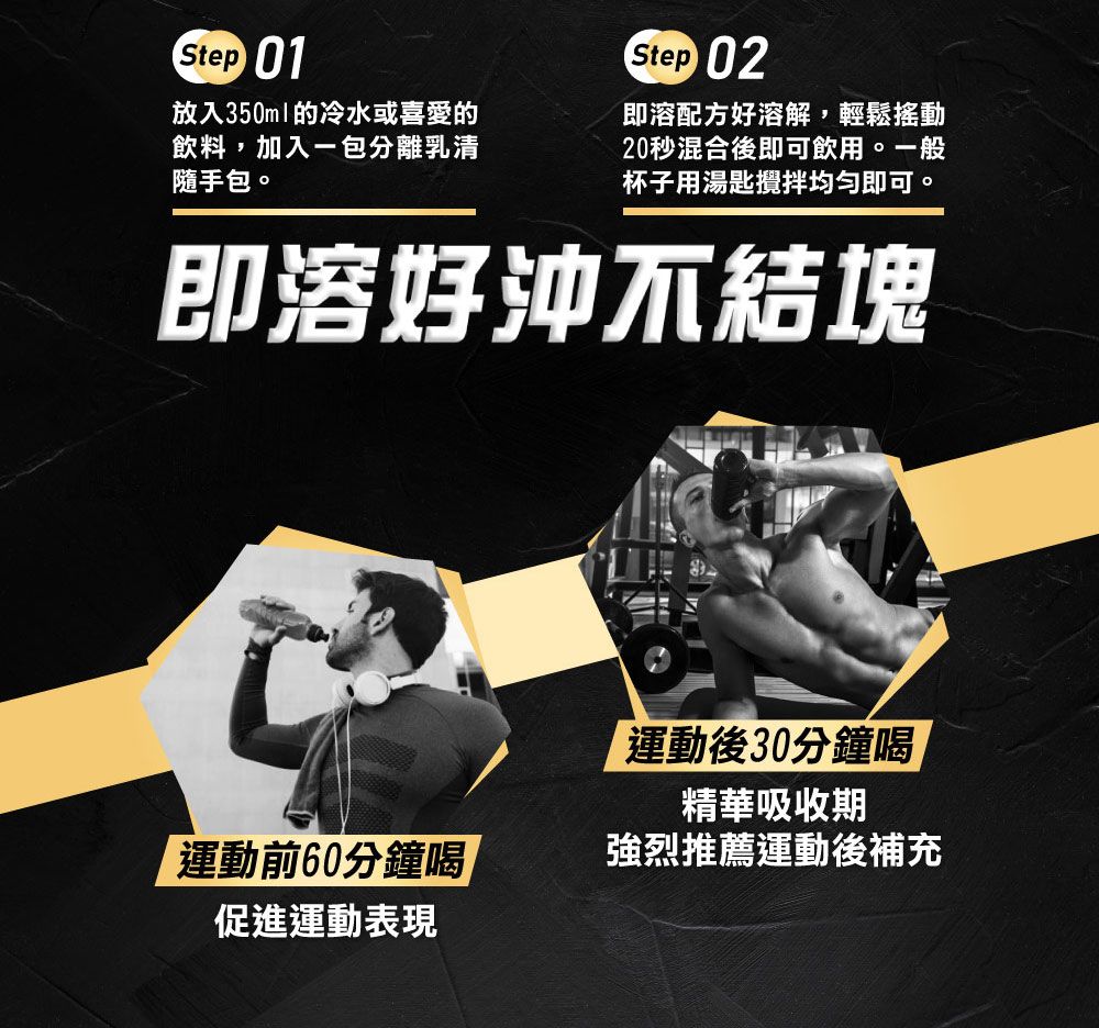 Step 01放入350ml的冷水或喜愛的飲料,加入一包分離乳清隨手包。Step 02即溶配方好溶解,輕鬆搖動20秒混合後即可飲用。一般杯子用湯匙攪拌即可。即溶好沖不結塊運動後30分鐘喝精華吸收期運動前60分鐘喝強烈推薦運動後補充促進運動表現