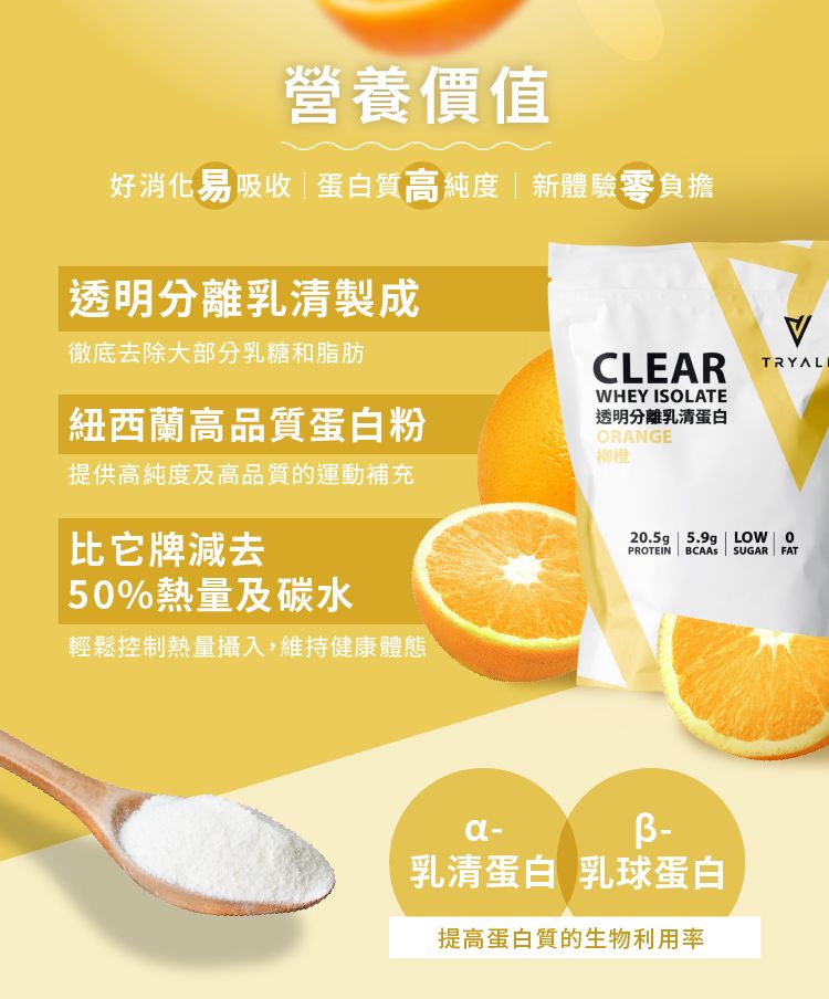 營養價值好消化易吸收蛋白質高純度新體驗零負擔|透明分離乳清製成徹底去除大部分乳糖和脂肪紐西蘭高品質蛋白粉提供高純度及高品質的運動補充比它牌減去5%熱量及碳水輕鬆控制熱量攝入,維持健康體態CLEAR WHEY ISOLATE透明分離乳清蛋白ORANGE柳橙20.5g | 5.9g | LOW0PROTEIN BCAAs SUGAR FATa-乳清蛋白 乳球蛋白提高蛋白質的生物利用率