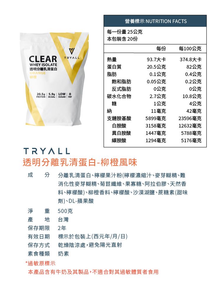 營養標示 NUTRITIN FACTS每一份量25公克本包裝含20份每份每100公克CLEARWHEY ISOLATE透明離乳清蛋白ORANGETRYALL熱量93.7大卡374.8大卡蛋白質20.5公克82公克脂肪0.1公克0.4公克飽和脂肪0.05公克0.2公克反式脂肪0公克0公克20.5g  5.9g | LOW OPROTEIN  SUGAR FAT碳水化合物2.7公克10.8公克糖1公克4公克納11毫克42毫克支鏈胺基酸5899毫克23596毫克白胺酸3158毫克12632毫克異白胺酸1447毫克5788毫克纈胺酸1294毫克5176毫克TRYALL透明分離乳清蛋白-柳橙風味 分 分離乳清蛋白、檸檬果汁粉(檸檬濃縮汁、麥芽糊精、難消化性麥芽糊精、菊苣纖維、果寡糖、阿拉伯膠、天然香料、檸檬酸)、柳橙香料、檸檬酸、沙漠湖鹽、蔗糖素(甜味劑)、DL-蘋果酸淨重產地保存期限500克台灣2年有效日期標示於包裝上(西元年/月/日)保存方式乾燥陰涼處,避免陽光直射素食種類 奶素*過敏原標示本產品含有牛奶及其製品,不適合其過敏體質者食用