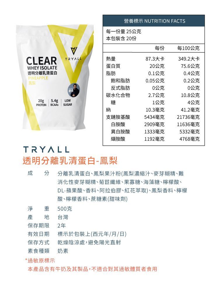 營養標示 NUTRITION FACTS每一份量25公克本包裝含20份每份每100公克CLEARWHEY ISOLATE透明離乳清蛋白PINEAPPLETRYALL熱量87.3大卡349.2大卡蛋白質20公克75.6公克脂肪0.1公克0.4公克飽和脂肪0.05公克0.2公克鳳梨反式脂肪0公克0公克碳水化合物2.7公克10.8公克20g 5.4g LOWPROTEIN  SUGAR糖1公克4公克納10.3毫克41.2毫克支鏈胺基酸5434毫克21736毫克白胺酸2909毫克11636毫克異白胺酸1333毫克5332毫克胺酸1192毫克4768毫克TRYALL透明分離乳清蛋白-鳳梨 分 分離乳清蛋白、鳳梨果汁粉(鳳梨濃縮汁、麥芽糊精、難消化性麥芽糊精、菊苣纖維、果寡糖、海藻糖、檸檬酸、DL-蘋果酸、香料、阿拉伯膠、紅花萃取)、鳳梨香料、檸檬酸、檸檬香料、蔗糖素(甜味劑)淨重產 保存期限500克台灣2年有效日期標示於包裝上(西元年/月/日)保存方式乾燥陰涼處,避免陽光直射素食種類奶素*過敏原標示本產品含有牛奶及其製品,不適合對其過敏體質者食用