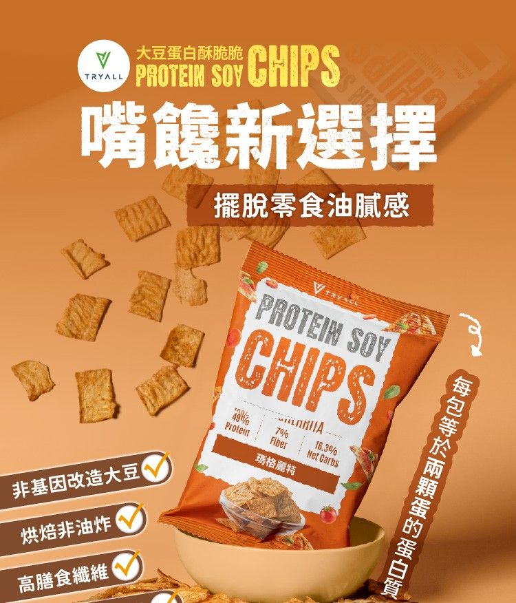 大豆白酥脆脆 PROTEIN SOY CHIPS嘴饞新選擇擺脫零食油膩感非基因改造大豆烘焙非油炸高膳食纖維VTRYALLPROTEIN SOYCHIPS497ProteinFiber瑪格麗特16.3%Net Carbs蛋的