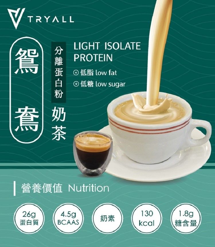 TRYALLLIGHT ISOLATEPROTEIN蛋   fat Low sugar鴦奶營養價值 Nutrition26g4.5gp1301.8gp奶素蛋白質BCAASkcal 糖含量