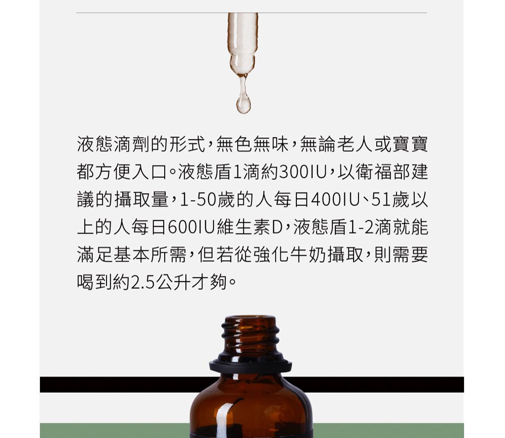 滴劑的形式,無色無味,無論老人或寶寶都方便入口。液態1滴約300IU,以衛福部建議的攝取量,1-50歲的人每日、51歲以上的人每日維生素D,液態1-2滴就能滿足基本所需,但若從強化牛奶攝取,則需要喝到約2.5公升才夠。