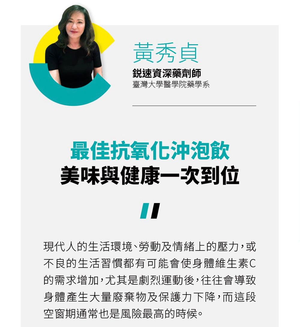 黃秀貞速資深藥劑師臺灣大學醫學院藥學系最佳抗氧化沖泡飲美味與健康一次到位現代人的生活環境、勞動及情緒上的壓力,或不良的生活習慣都有可能會使身體維生素C的需求增加,尤其是劇烈運動後,往往會導致身體產生大量廢棄物及保護力下降,而這段空窗期通常也是風險最高的時候。