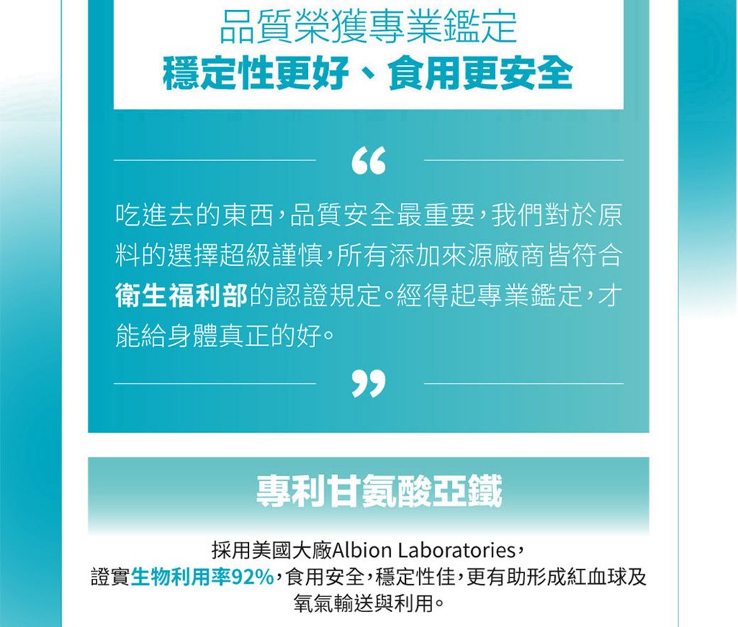 品質榮獲專業鑑定穩定性更好、食用更安全66吃進去的東西,品質安全最重要,我們對於原料的選擇超級謹慎,所有添加來源廠商皆符合衛生福利部的認證規定。經得起專業鑑定,才能給身體真正的好。專利甘氨酸亞鐵採用美國大廠Albion Laboratories,證實生物利用率92%,食用安全,穩定性佳,更有助形成紅血球及氧氣輸送與利用。