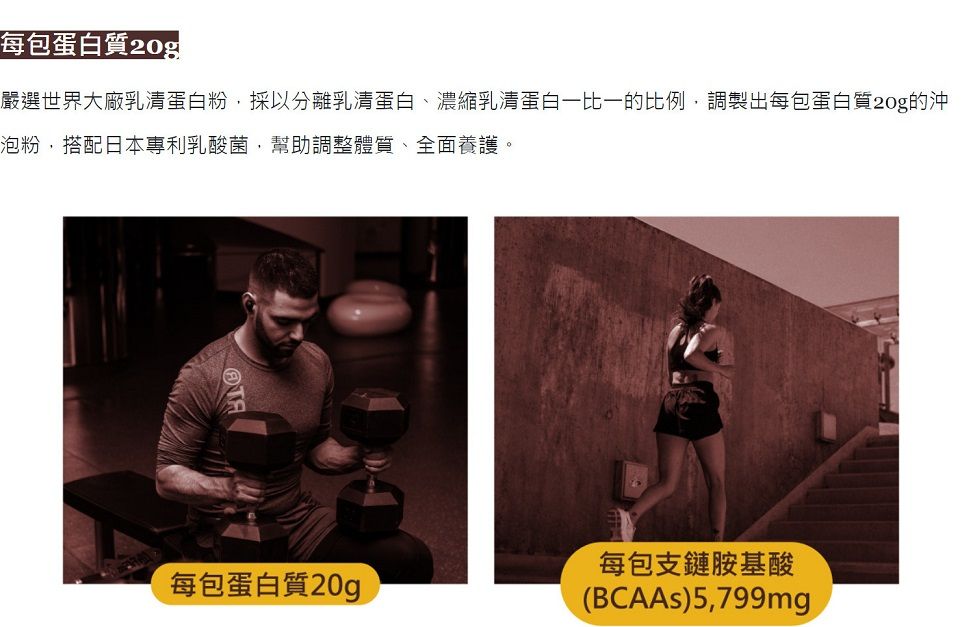 每包蛋白質20g嚴選世界大廠乳清蛋白粉,採以分離乳清蛋白、濃縮乳清蛋白一比一的比例,調製出每包蛋白質20g的沖泡粉,搭配日本專利乳酸菌,幫助調整體質、全面養護。每包蛋白質20g每包支鏈胺基酸(BCAAs)5,799mg