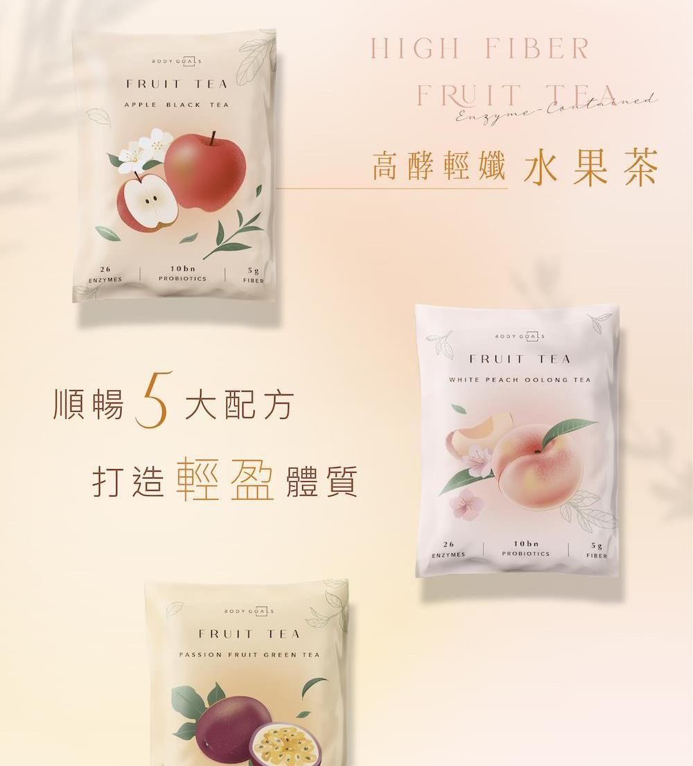 FRUIT AAPPLE BLACK TEA2610bnENZYMESPROBIOTICSHIGH FIBERFRUIT TE me高酵輕孅水果茶順暢 5配方打造輕盈體質 FRUITTEAWHITE PEACH OOLONG TEA GOALSFRUITTEAPASSION FRUIT GREEN TEA26ENZYMES10bn5gPROBIOTICSFIBER