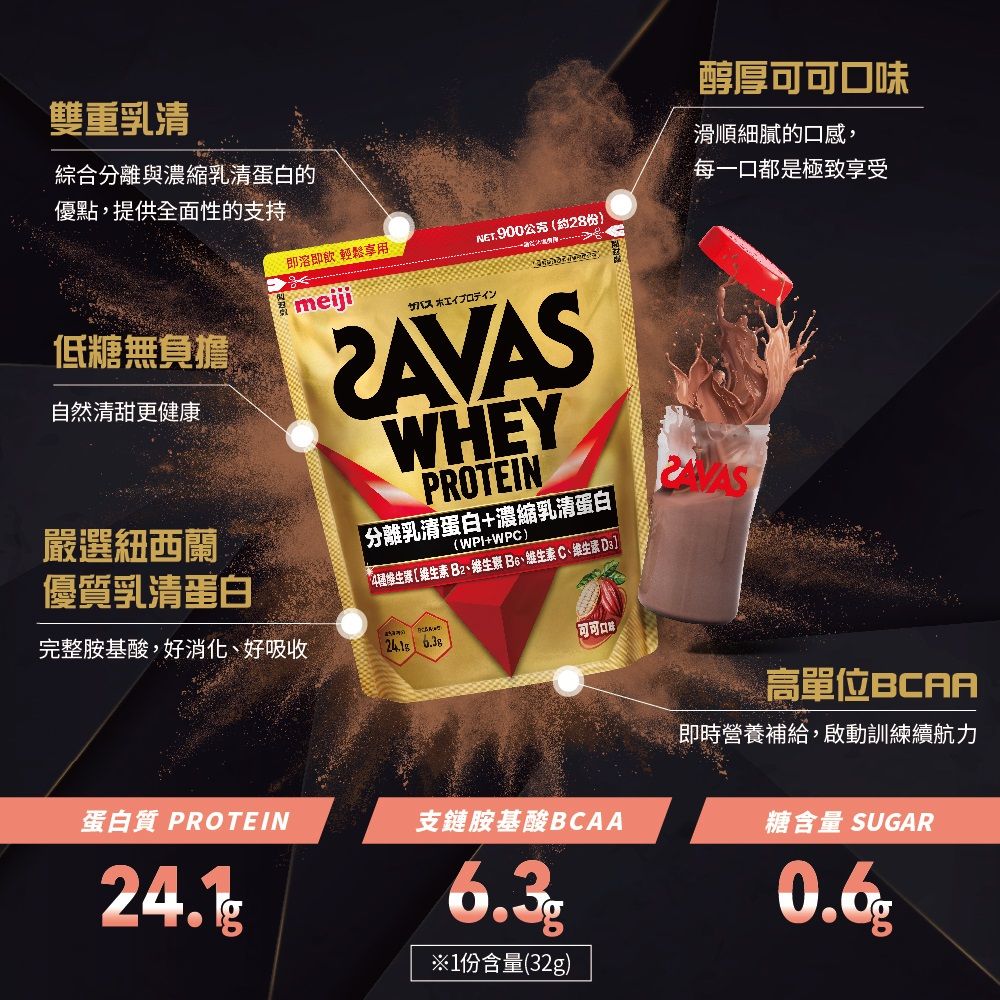 Meiji SAVAS 明治SAVAS 乳清蛋白粉任選口味900g附湯匙(可可/香草)