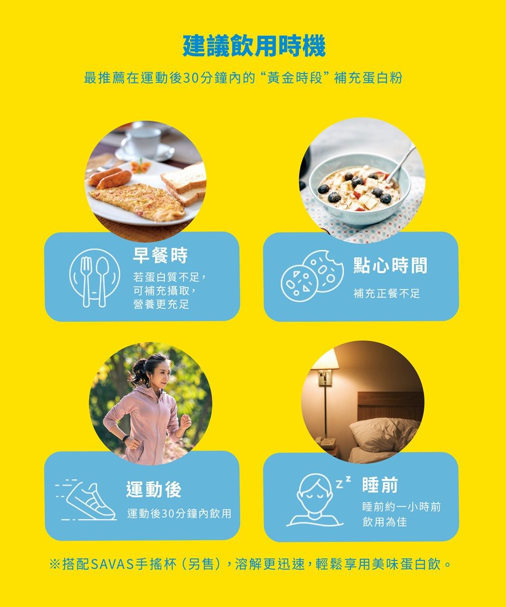建議飲用時機最推薦在運動後30分鐘的“黃金時段”補充蛋白粉早餐時若蛋白質不足,可補充攝取,點心時間補充正餐不足營養更充足運動後運動後30分鐘內飲用睡前睡前約一小時前飲用為佳※搭配SAVAS手搖杯(另售),溶解更迅速,輕鬆享用美味蛋白飲。