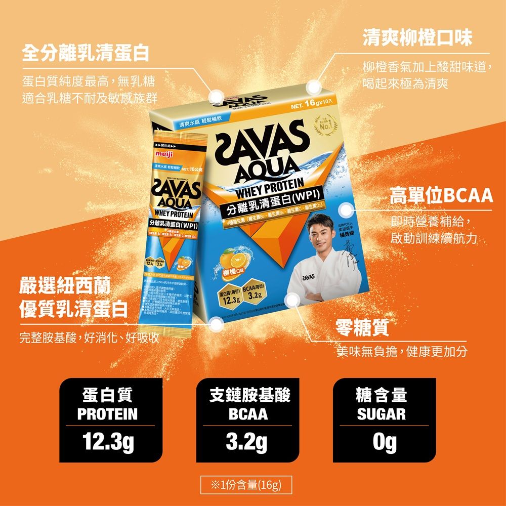 Meiji SAVAS 明治SAVAS AQUA全分離乳清蛋白粉 (柳橙口味) 16gx-10入