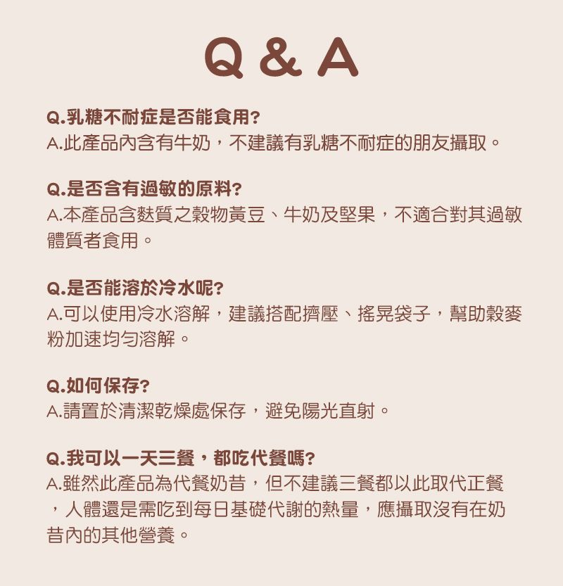 Q&AQ.乳糖不耐症是否能食用?A.此產品內含有牛奶,不建議有乳糖不耐症的朋友攝取。Q.是否含有過敏的原料?A.本產品含麩質之穀物黃豆牛奶及堅果,不適合對其過敏體質者食用。Q.是否能溶於冷水呢?A.可以使用冷水溶解,建議搭配擠壓、搖晃袋子,幫助穀麥粉加速均匀溶解。Q.如何保存?A.請置於清潔乾燥處保存,避免陽光直射。Q.我可以一天三餐,都吃代餐嗎?A.雖然此產品為代餐奶昔,但不建議三餐都以此取代正餐人體還是需吃到每日基礎代謝的熱量,應攝取沒有在奶昔內的其他營養。