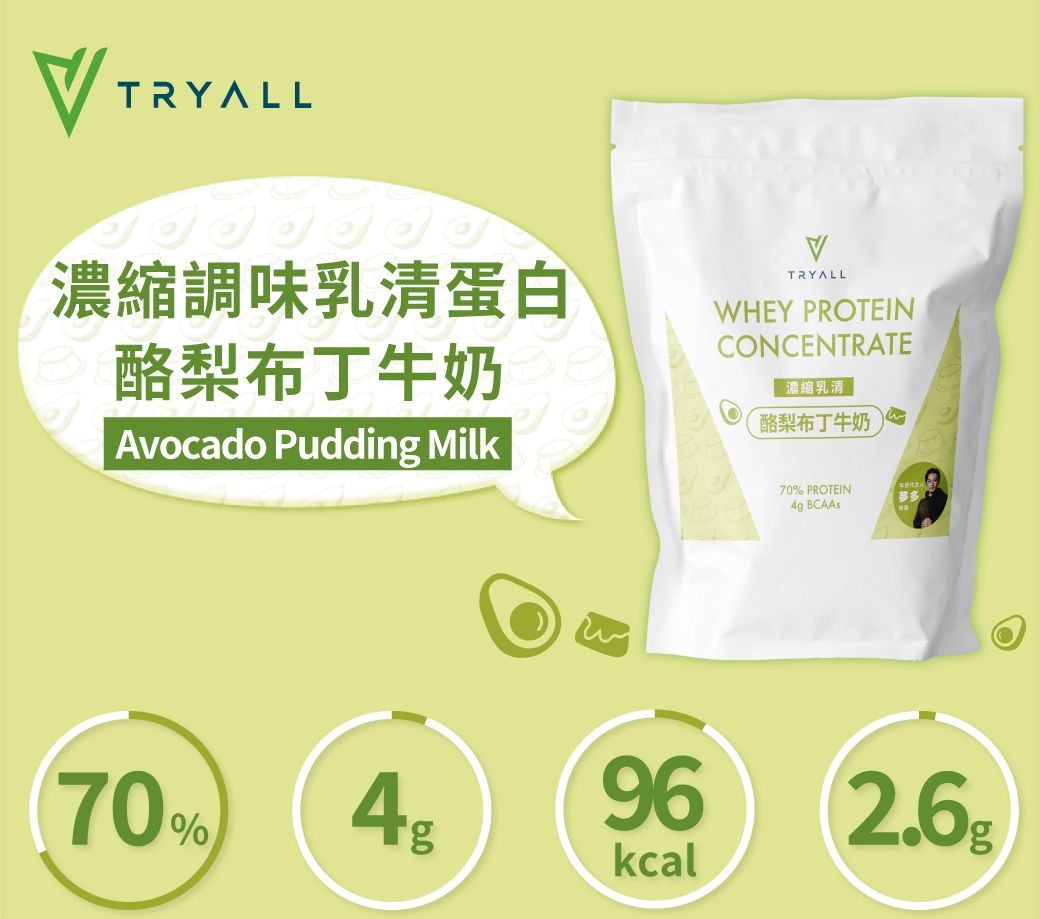 TRYALL濃縮調味乳清蛋白酪梨布丁牛奶Avocado Pudding MilkTRYALLWHEY PROTEINCONCENTRATE濃縮乳清酪梨布丁牛奶70 70% PROTEIN4g BCAAs96kcal2.6%