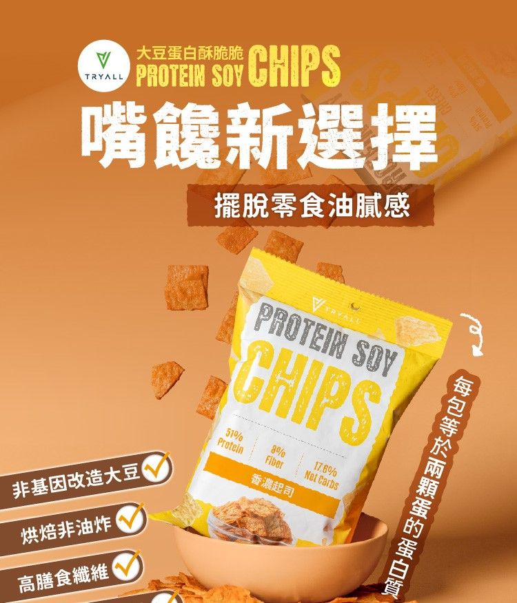 大豆白酥脆脆 PROTEIN  CHIPSCHEESE嘴饞新選擇擺脫零食油膩感PROTEIN SOYCHIPS51%ProteinFiber香濃起司17.6%Net Carbs非基因改造大豆烘焙非油炸高膳食纖維蛋的