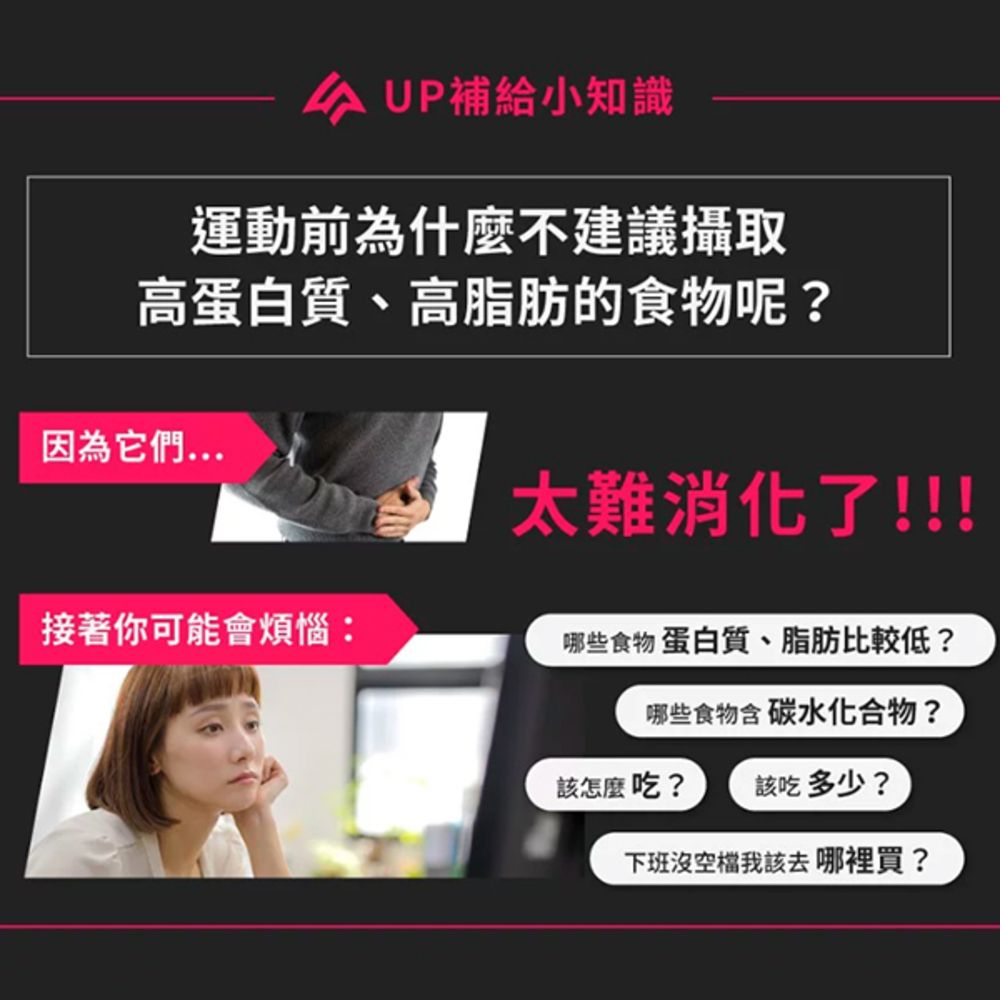 UP補給小知識運動前為什麼不建議攝取高蛋白質、高脂肪的食物呢?因為它們接著你可能會煩惱:太難消化了!!!哪些食物 蛋白質、脂肪比較低?哪些食物含碳水化合物?該怎麼吃? 該吃多少?下班沒空檔我該去哪裡買?