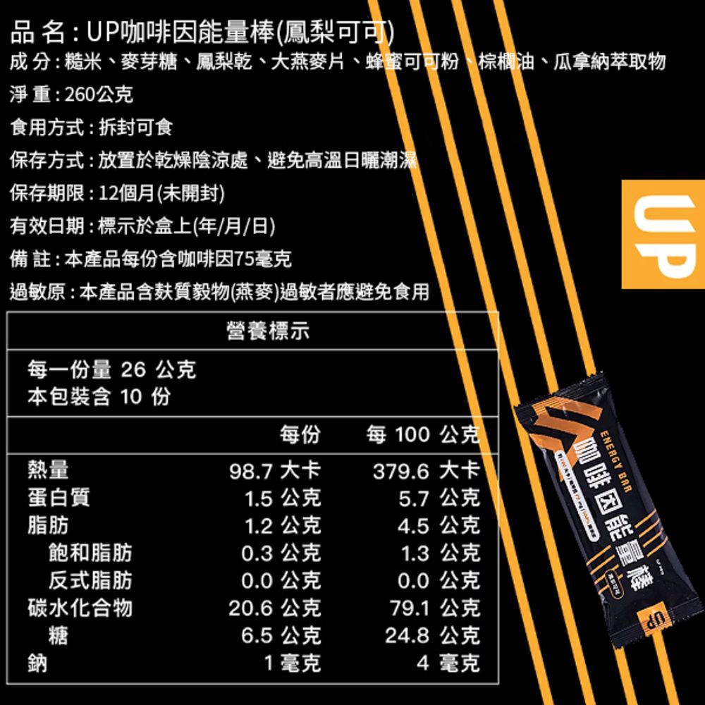 品名:UP咖啡因能量棒(鳳梨可可成分:糙米、麥芽糖、鳳梨乾、大燕麥片、蜂蜜可可粉、棕櫚油、瓜拿納萃取物淨重:260公克食用方式:拆封可食保存方式:放置於乾燥陰涼處避免高溫日曬潮濕保存期限:12個月(未開封)有效日期:標示於盒上(年/月/日)備註:本產品每份含咖啡因75毫克過敏原:本產品含麸質毅物(燕麥)過敏者應避免食用UP每一份量 26 公克營養標示本包裝含 10 份每份每100公克熱量98.7 大卡379.6 大卡蛋白質1.5公克5.7 公克脂肪1.2 公克4.5 公克飽和脂肪0.3 公克1.3 公克反式脂肪0.0 公克0.0 公克碳水化合物20.6公克79.1 公克糖6.5 公克24.8公克鈉1毫克4 毫克ENERGY BAR咖啡因能量棒