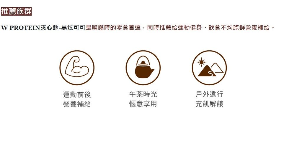【推薦族群 PROTEIN夾心酥-黑炫可可是嘴饞時的零食首選,同時推薦給運動健身、飲食不均族群營養補給。運動前後午茶時光戶外遠行營養補給愜意享用充飢解餓
