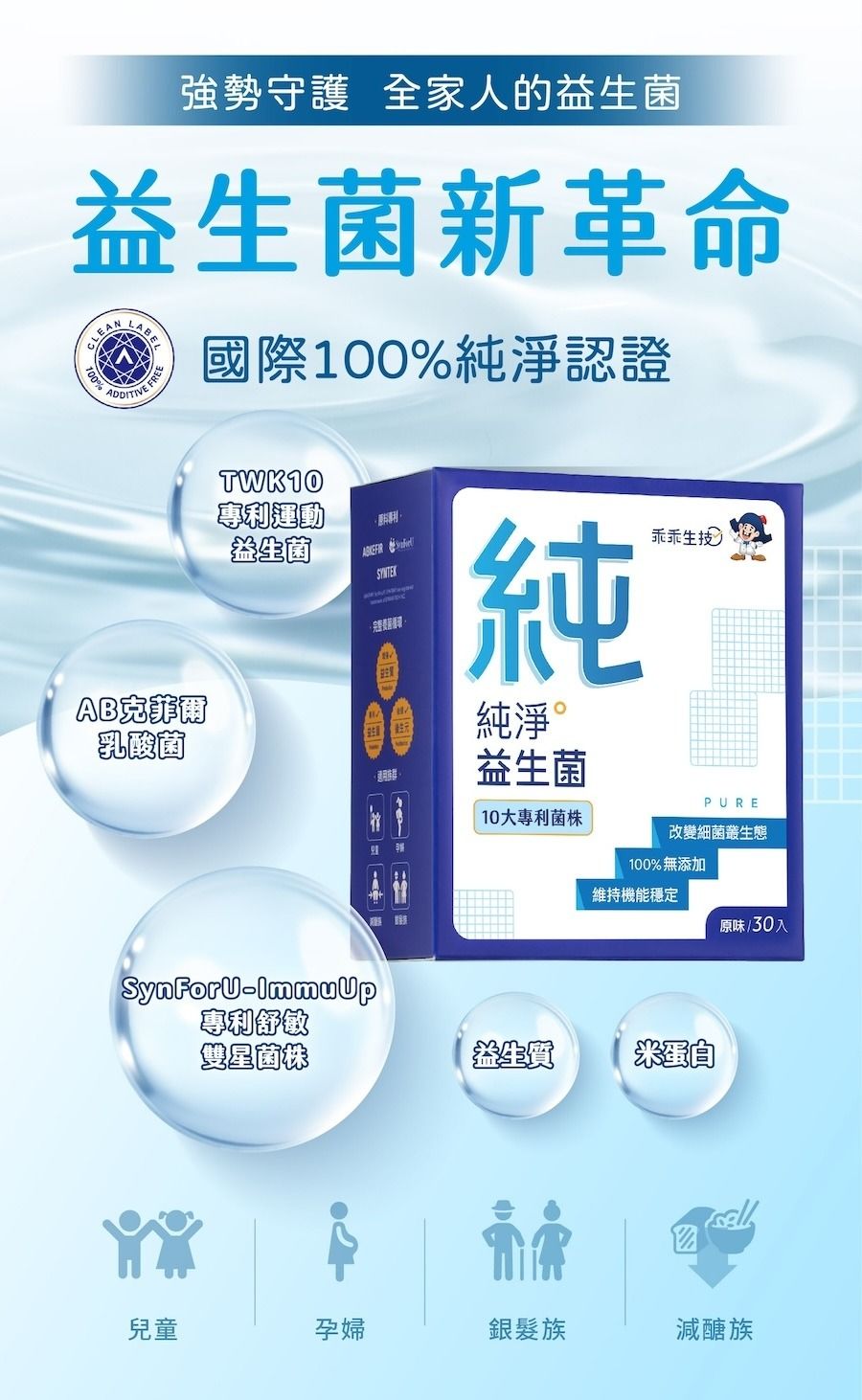 強勢守護全家人的益生菌益生菌新革命100%ADDITIVE FREE乳酸菌國際100%純淨認證TWK10專利運動益生菌 純純淨益生菌10大專利菌株生PURE改變細菌叢生態100%無添加-專利舒敏維持機能穩定原味/30入雙星菌株益生質 米蛋自兒童孕婦減醣