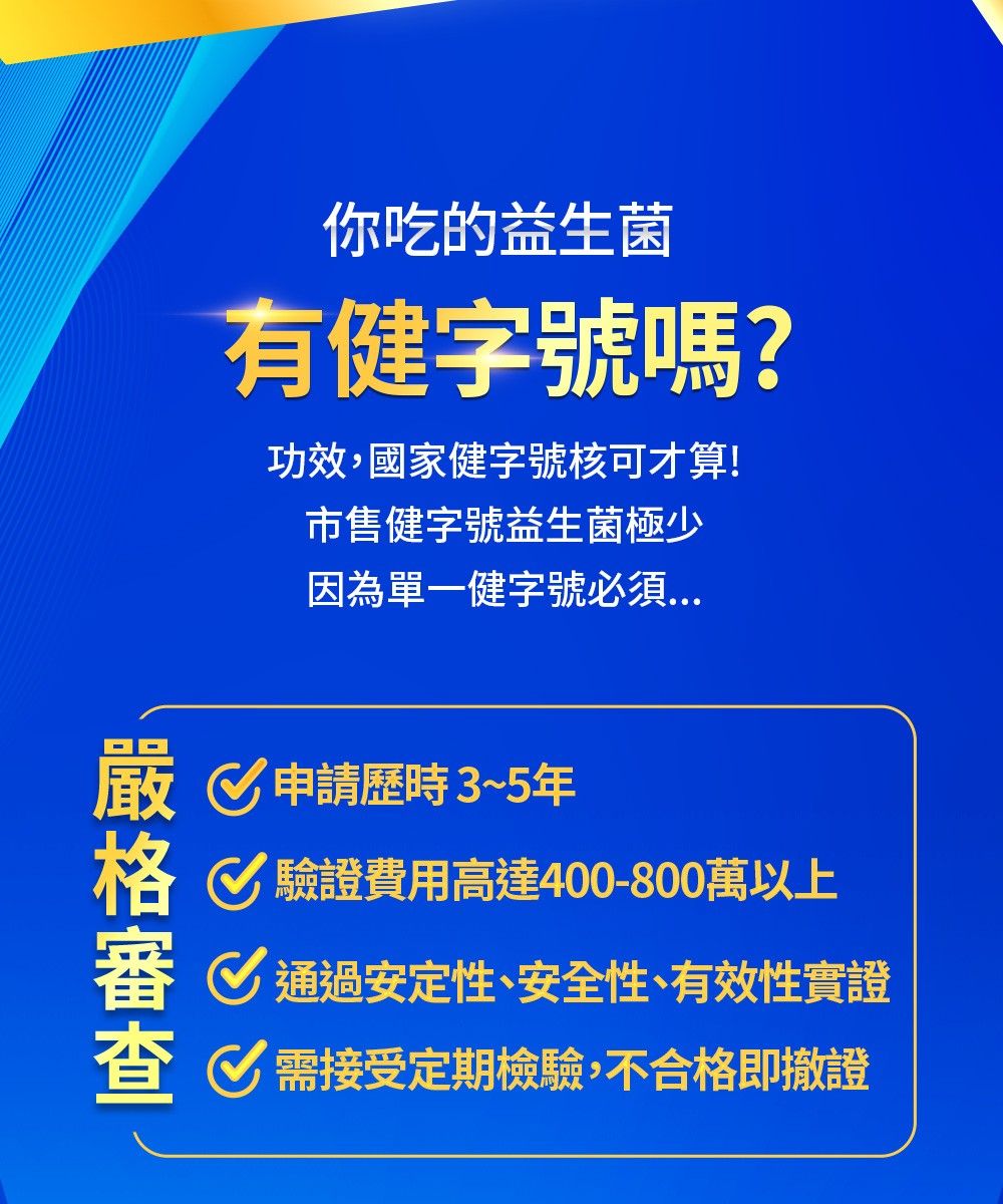 你吃的益生菌有健字號嗎?功效,國家健字號核可才算!市售健字號益生菌極少因為單一健字號嚴 申請歷時3~5年格 驗證費用高達400-800萬以上審 通過安定性、安全性、有效性實證查 需接受定期檢驗,不合格即撤證