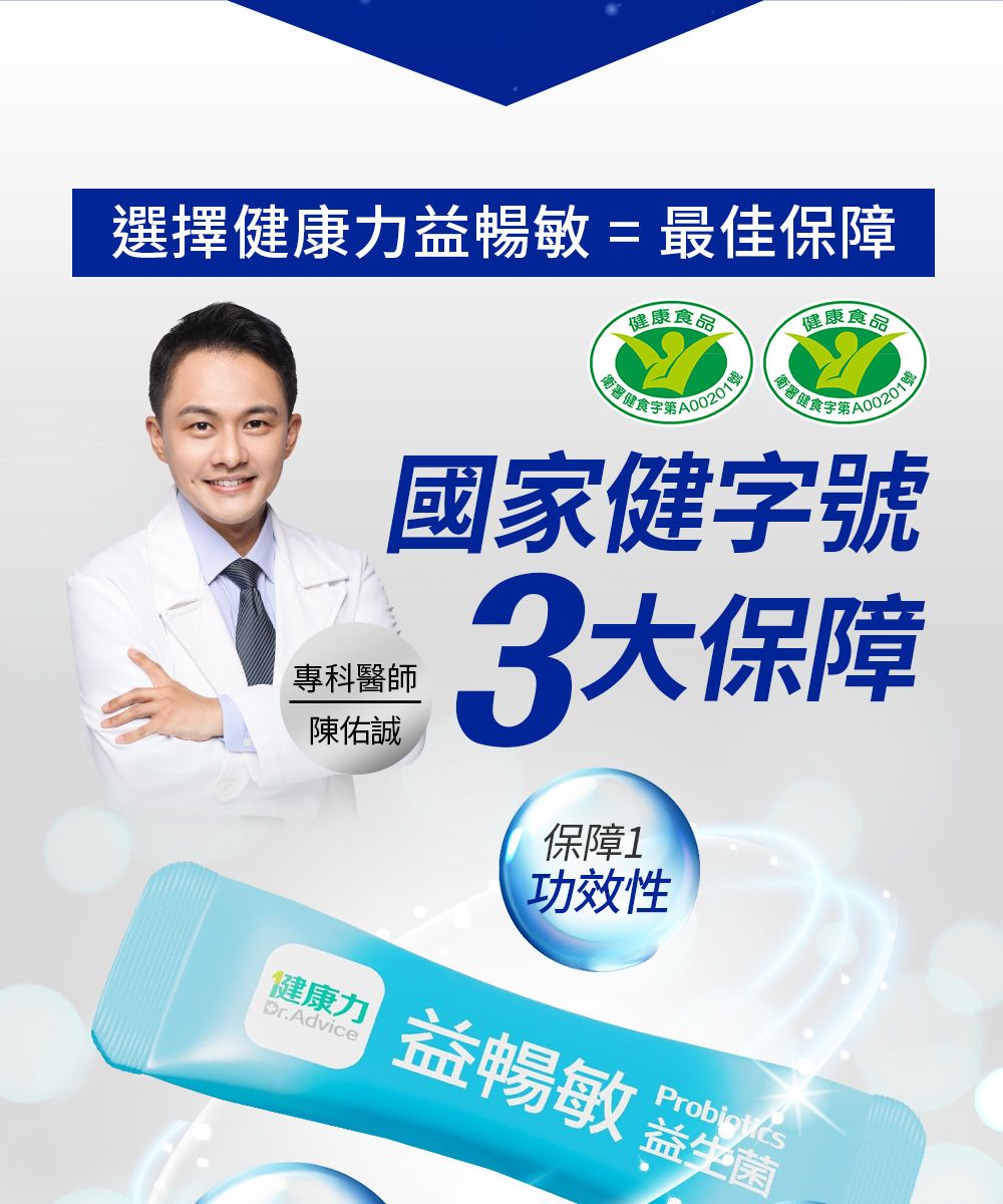 選擇健康力益暢敏=最佳保障健康食品「健康食品」第衛署健食字國家健字號專科醫師陳佑誠3大保障保障1功效性健康力Dr.Advice益暢敏