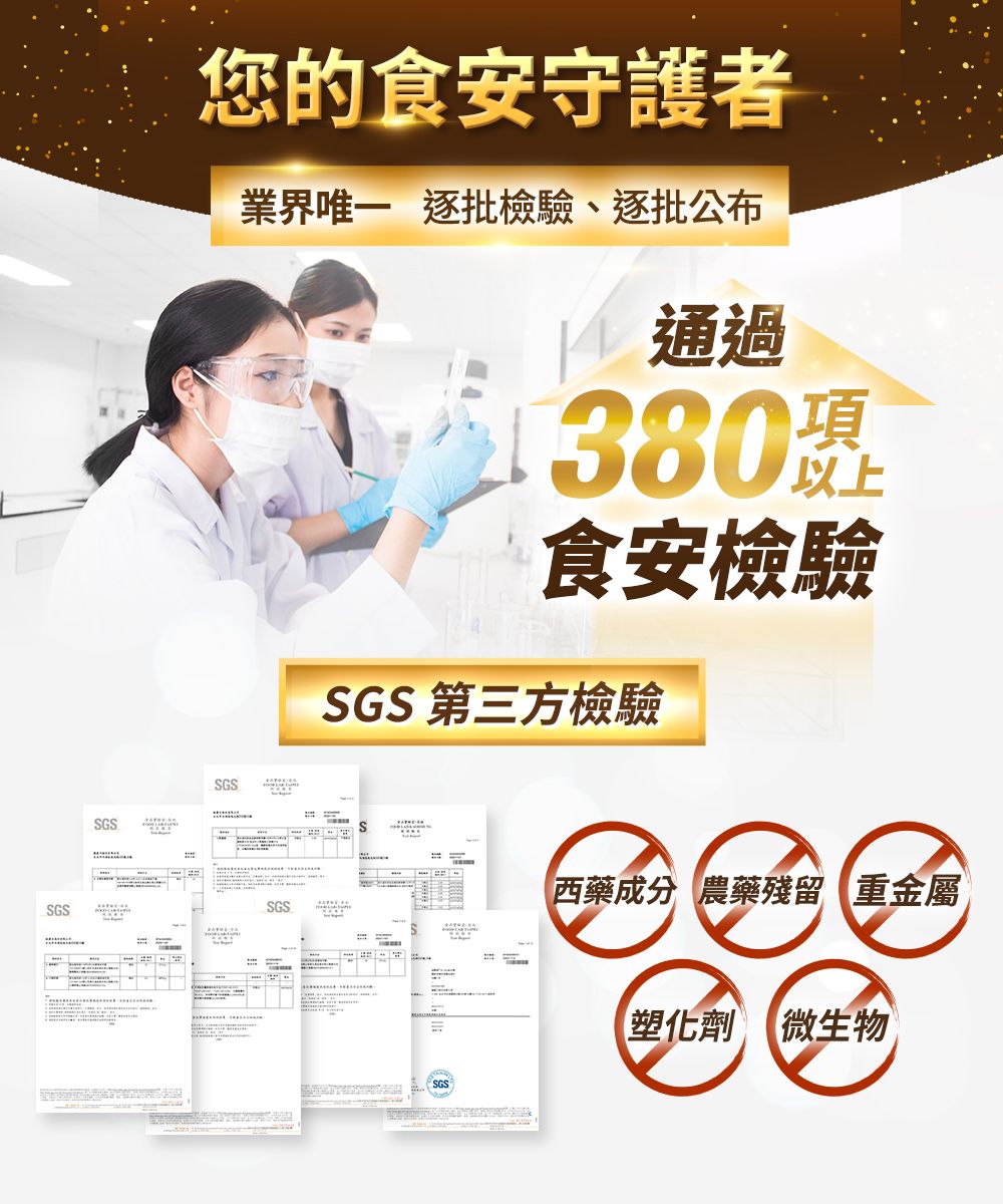 SGS您的食安守護者業界唯一 逐批檢驗、逐批公布通過380食安檢驗SGS 第三方檢驗SGSSGSSGS西藥成分 農藥殘留 重金屬=塑化劑 微生物SGS