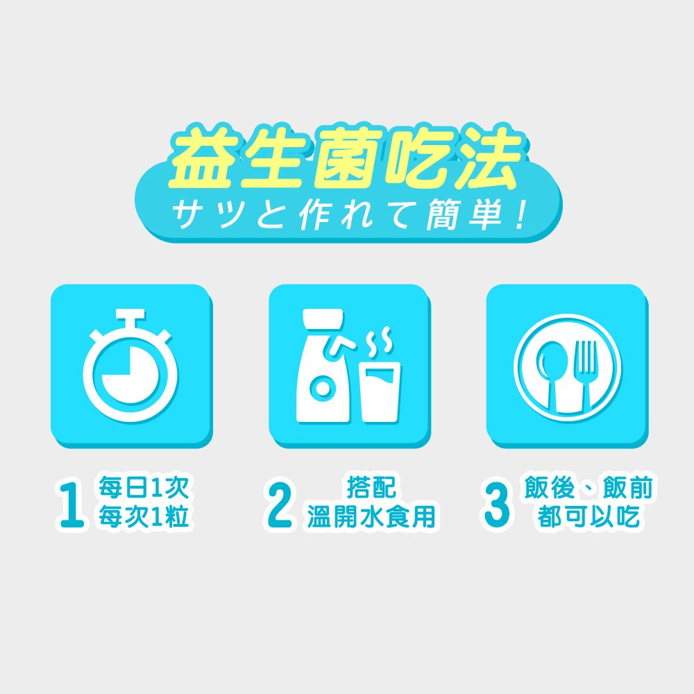 益生菌吃法サツと作れて簡単!1 每日1次每次1粒2 溫開水食用搭配3飯後、飯前都可以吃