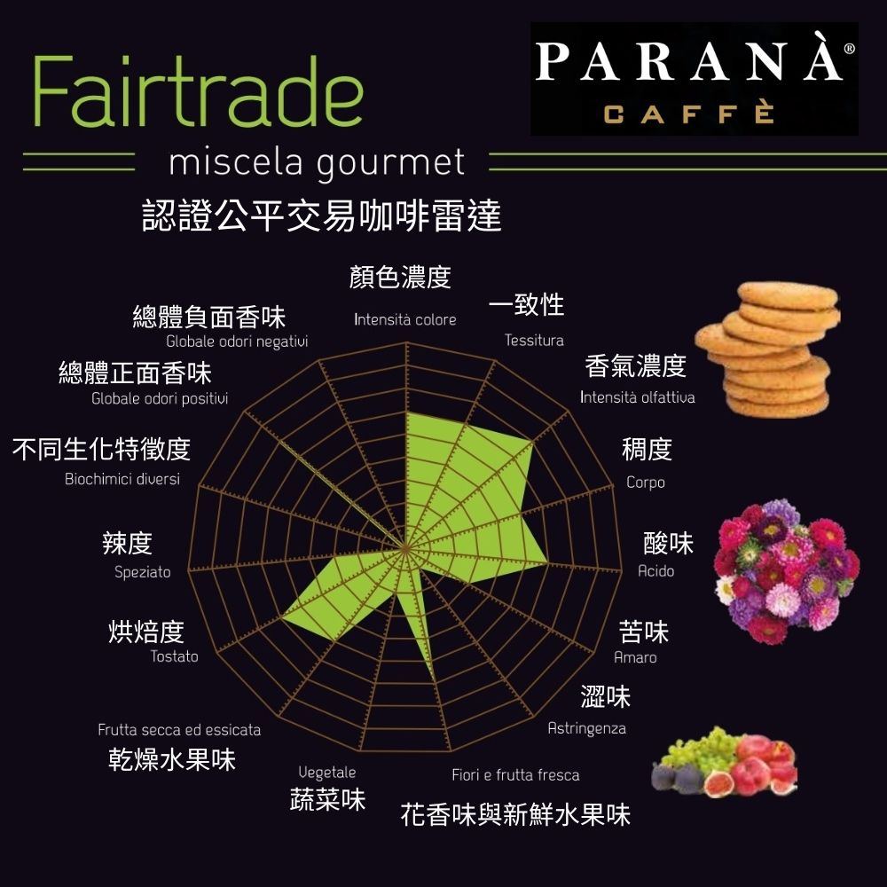 Fairtradeiscela gourmet認證公平交易咖啡雷達PARANÀCAFFÈ顏色濃度一致性總體負面香味Intensità coloreGlobale odori negativiTessitura總體正面香味香氣濃度Globale odori positivi不同生化特徵度Biochimici diversi辣度Speziato烘焙度TostatoFrutta secca ed essicatamIntensità olfattiva稠度Corpo酸味Acido苦味Amaro澀味Astringenza乾燥水果味VegetaleFiori e frutta fresca蔬菜味花香味與新鮮水果味
