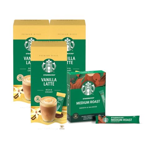 STARBUCKS 星巴克 特選系列-香草風味拿鐵(4x14g)x3盒+中度烘焙咖啡(10x2.3g)