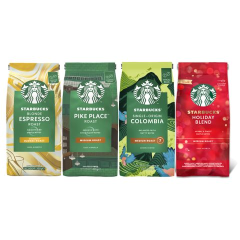 STARBUCKS 星巴克 咖啡豆綜合組(節日綜合咖啡豆190g+黃金烘焙200g+派克市場200g+哥倫比亞200g)