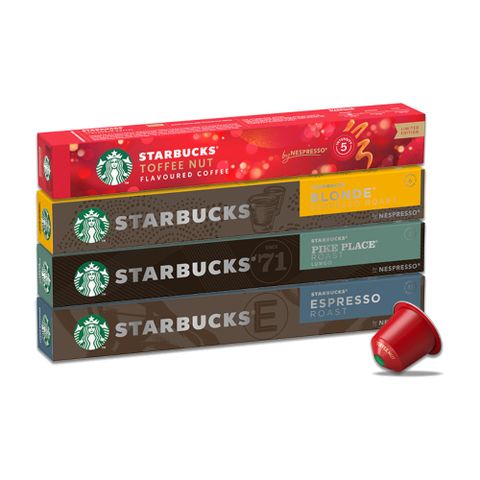 STARBUCKS 星巴克 Nespresso咖啡膠囊4盒組(太妃核果風味+派克市場+濃縮烘焙+黃金烘焙)