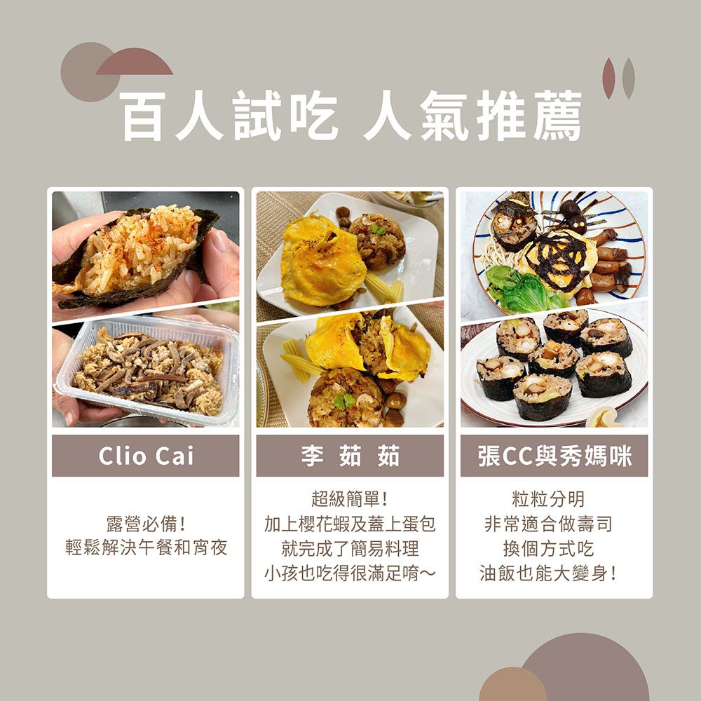 百人試吃 人氣推薦Clio Cai李茹茹張CC與秀媽咪超級簡單!露營必備!輕鬆解決午餐和宵夜加上櫻花蝦及蓋上蛋包就完成了簡易料理小孩也吃得很滿足唷~粒粒分明非常適合做壽司換個方式吃油飯也能大變身!