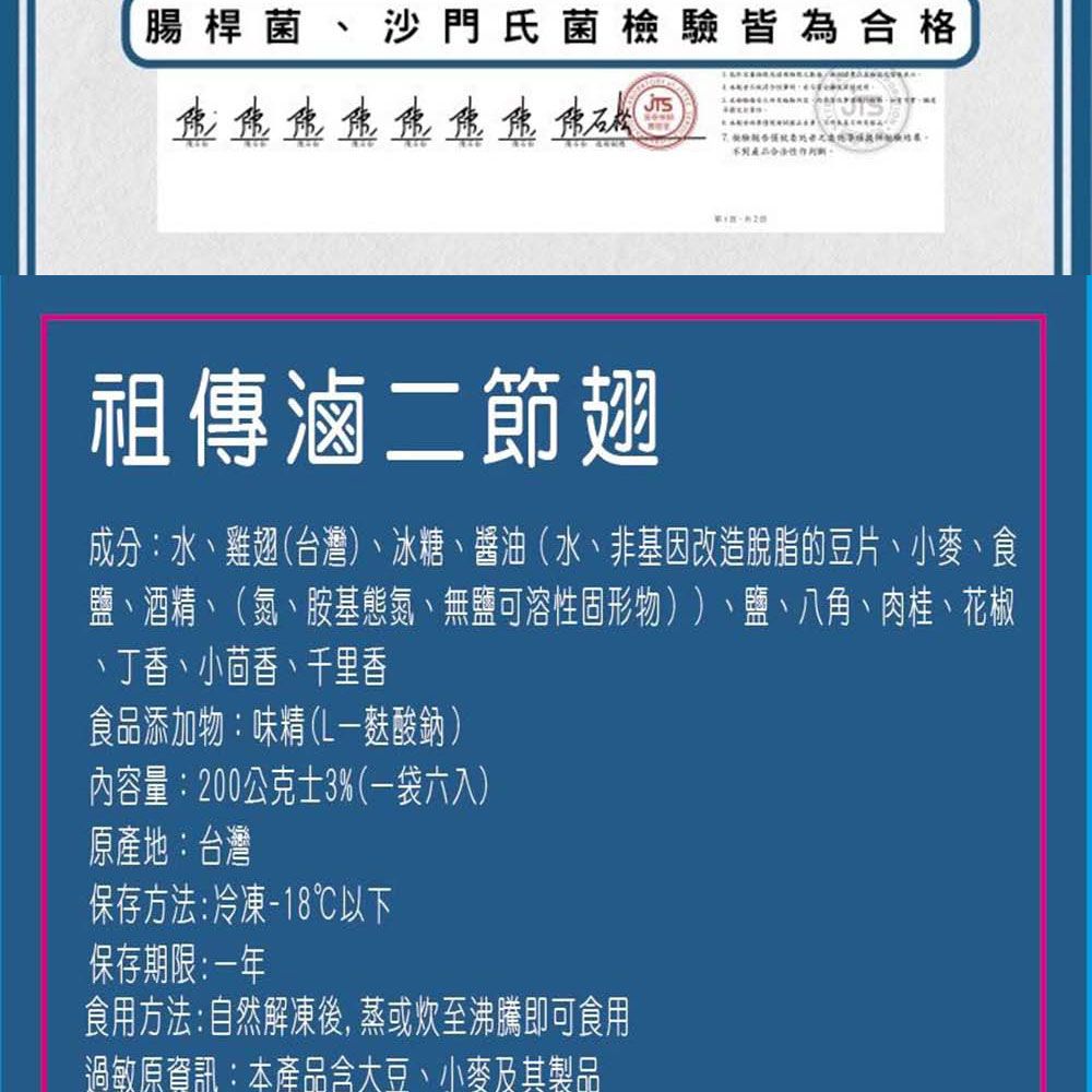 腸桿菌沙門氏菌檢驗皆為合格石松祖傳滷二節翅成分:水、雞翅(台灣)、冰糖、醬油(水、非基因改造脫脂的豆片、小麥、食鹽、酒精、(氮、胺基態氮、無鹽可溶性固形物))、鹽、八角、肉桂、花椒、丁香、小茴香、千里香食品添加物:味精(L-酸鈉)內容量:200公克士3%(一袋六入)原產地:台灣保存方法:冷凍-18℃以下保存期限:一年食用方法:自然解凍後,蒸或炊至沸騰即可食用過敏原資訊:本產品含大豆、小麥及其製品