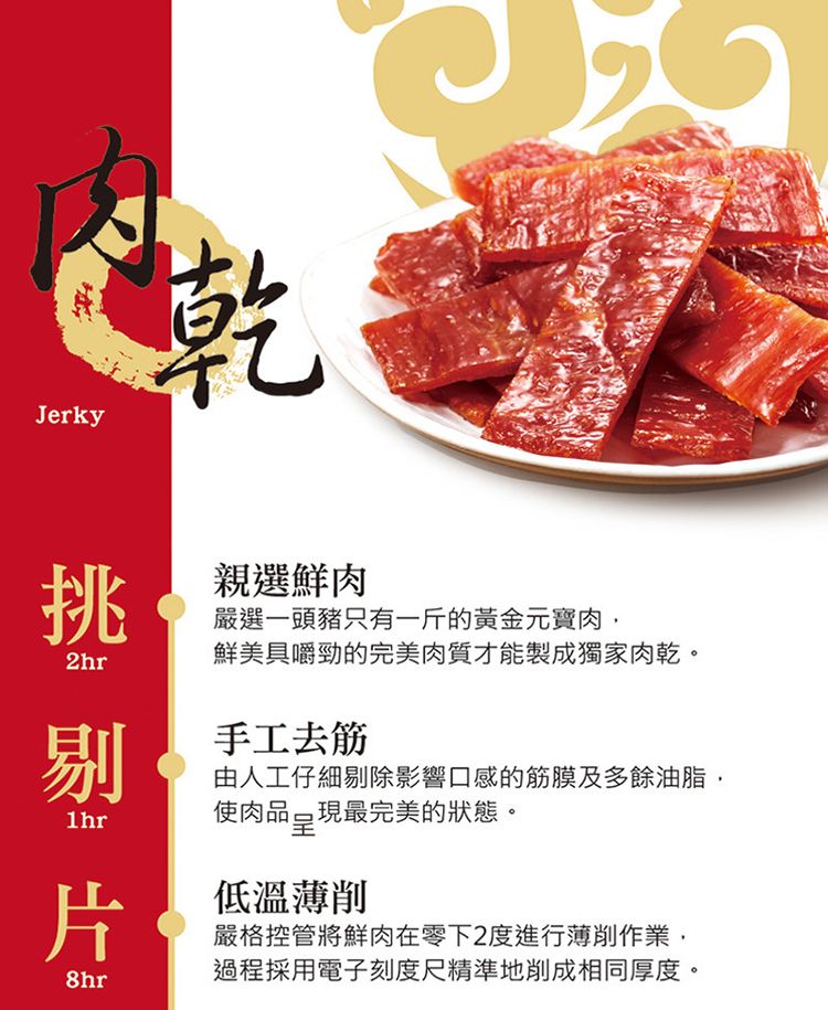 Jerky乾挑2hr剔1hr片8hr親選鮮肉嚴選一頭豬只有一斤的黃金元寶肉鮮美具嚼勁的完美肉質才能製成獨家肉乾。手工去筋由人工仔細剔除影響口感的筋膜及多餘油脂使肉品呈現最完美的狀態。低溫薄削嚴格控管將鮮肉在零下2度進行薄削作業,過程採用電子刻度尺精準地削成相同厚度。